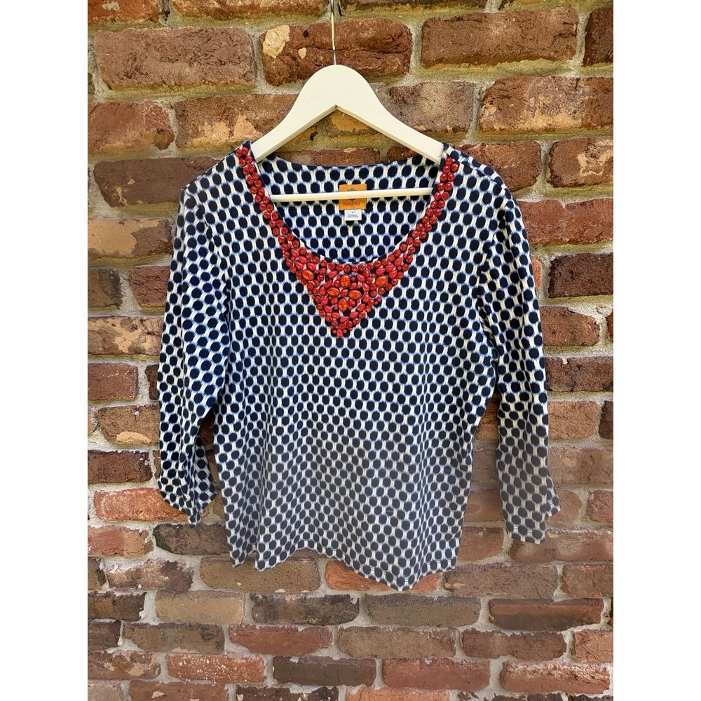 Ruby Rd Womens L Blue White Abstract Print Jeweled Neck Top